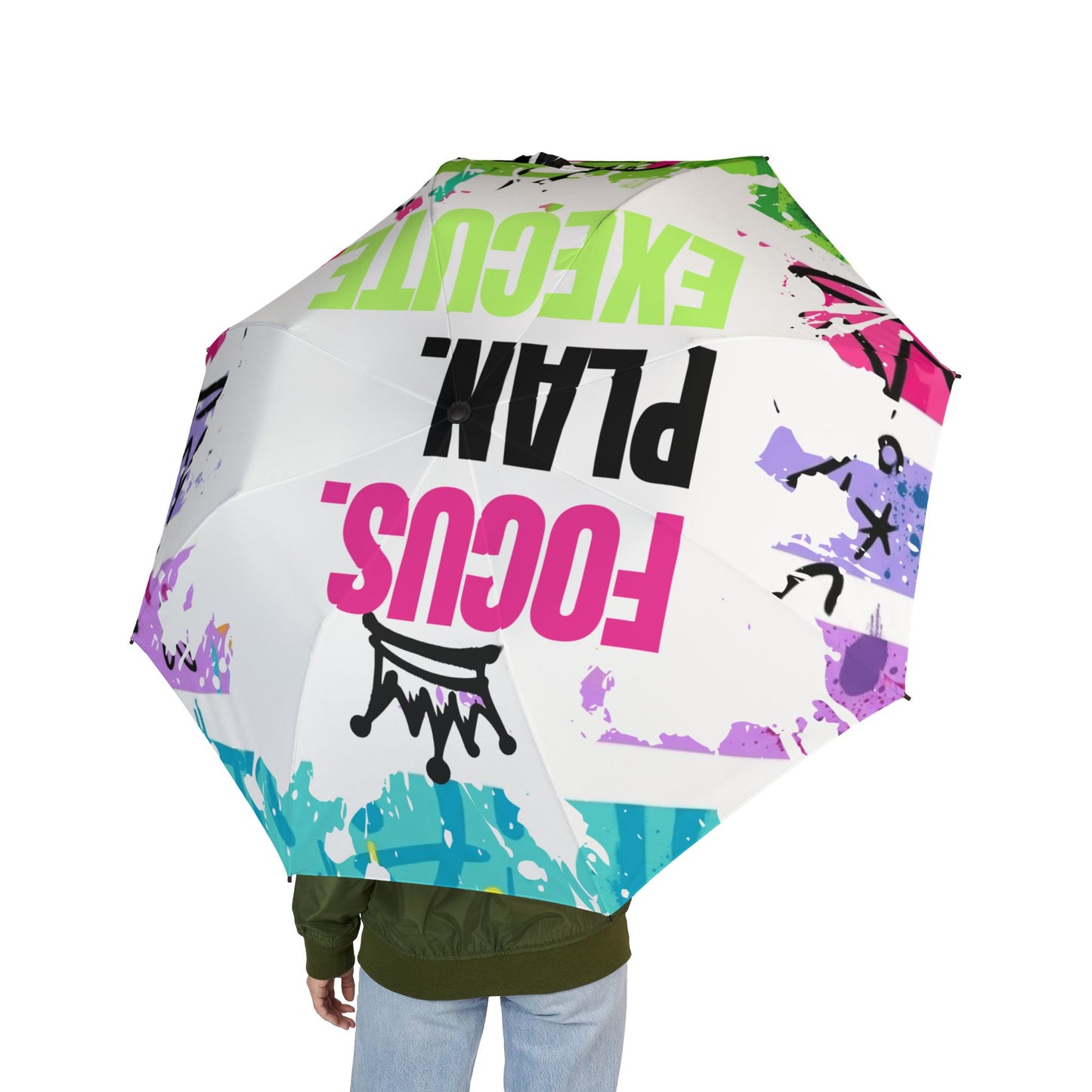 Foldable Umbrella — Colorful Graffiti 'Focus, Play, Execute' Rain Umbrella