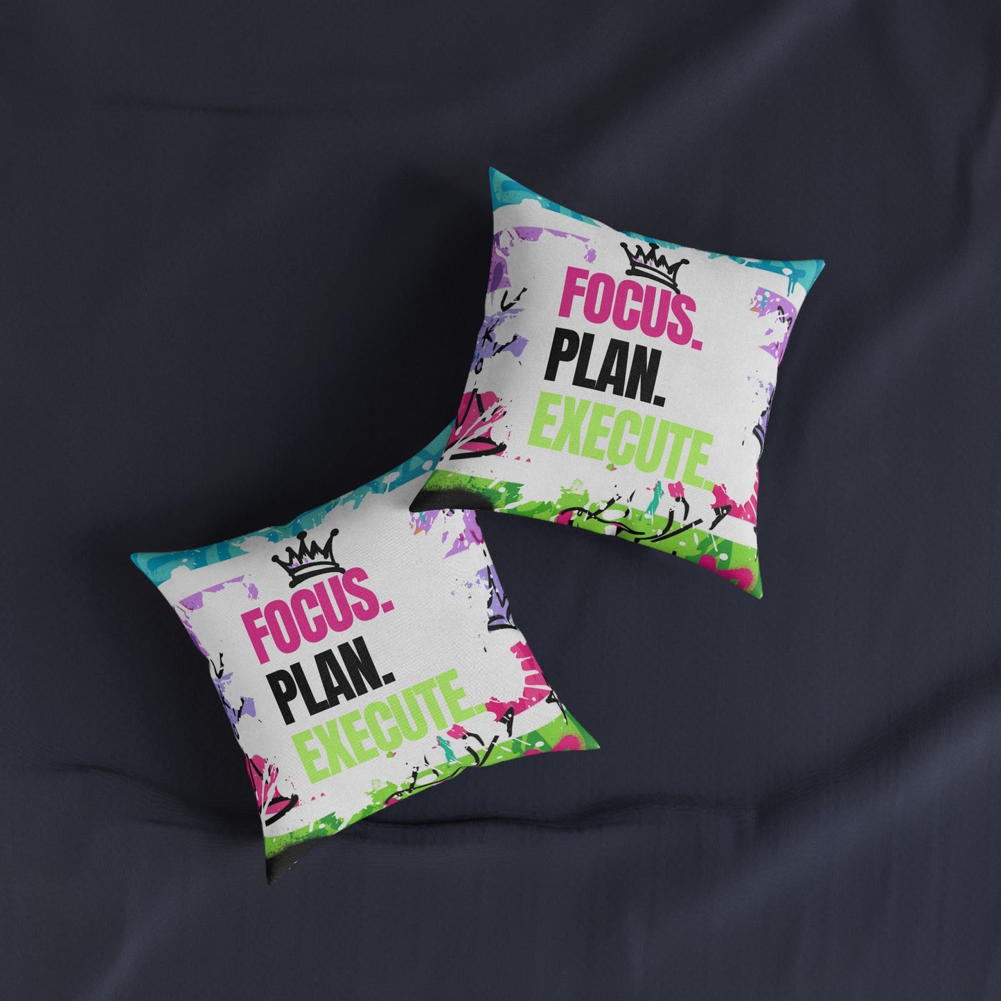 Focus. Plan. Execute. Square Pillow — Motivational Decorative Throw Pillow