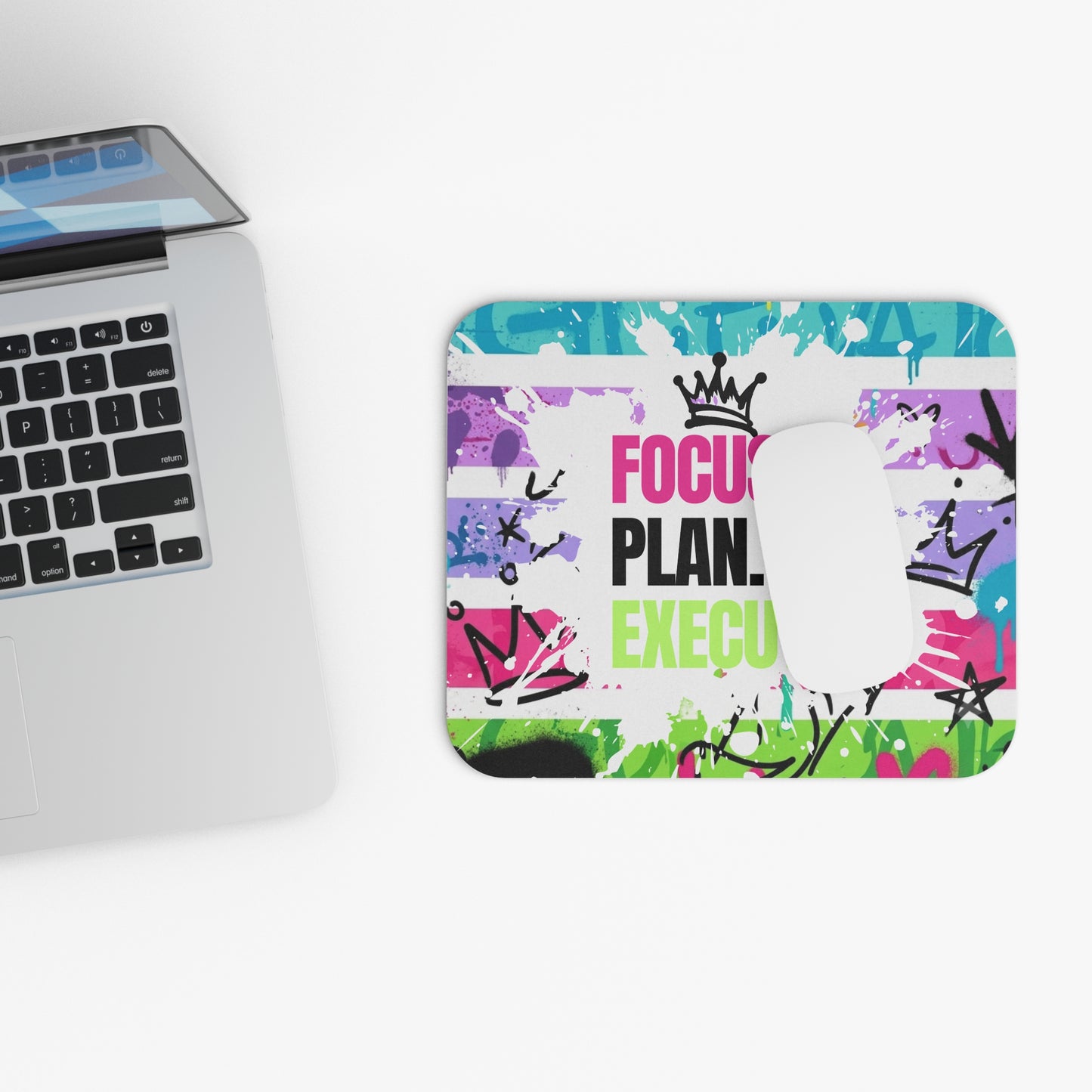 "Focus. Plan. Execute." Colorful Graffiti Desk Mat