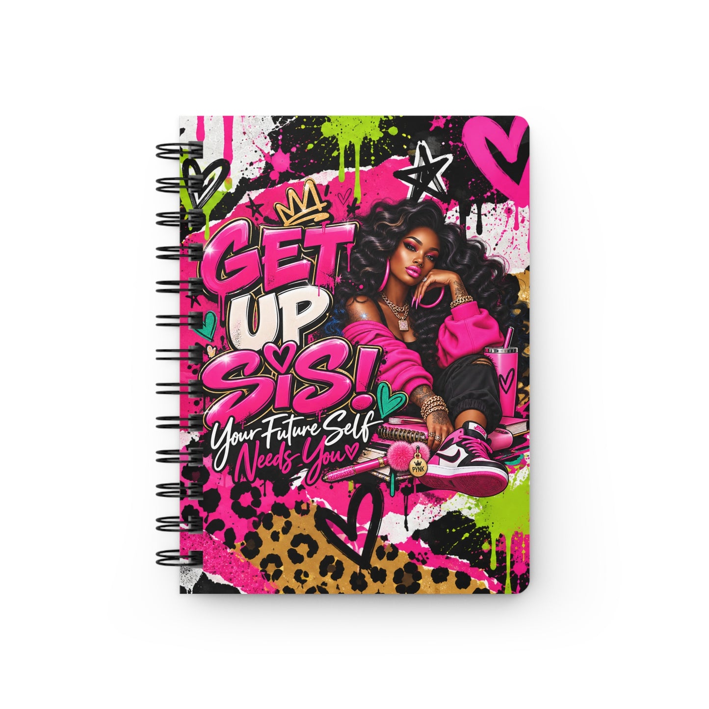 Get Up Sis! Spiral Journal — Motivational Afrocentric Notebook with Bold Neon Graffiti Design
