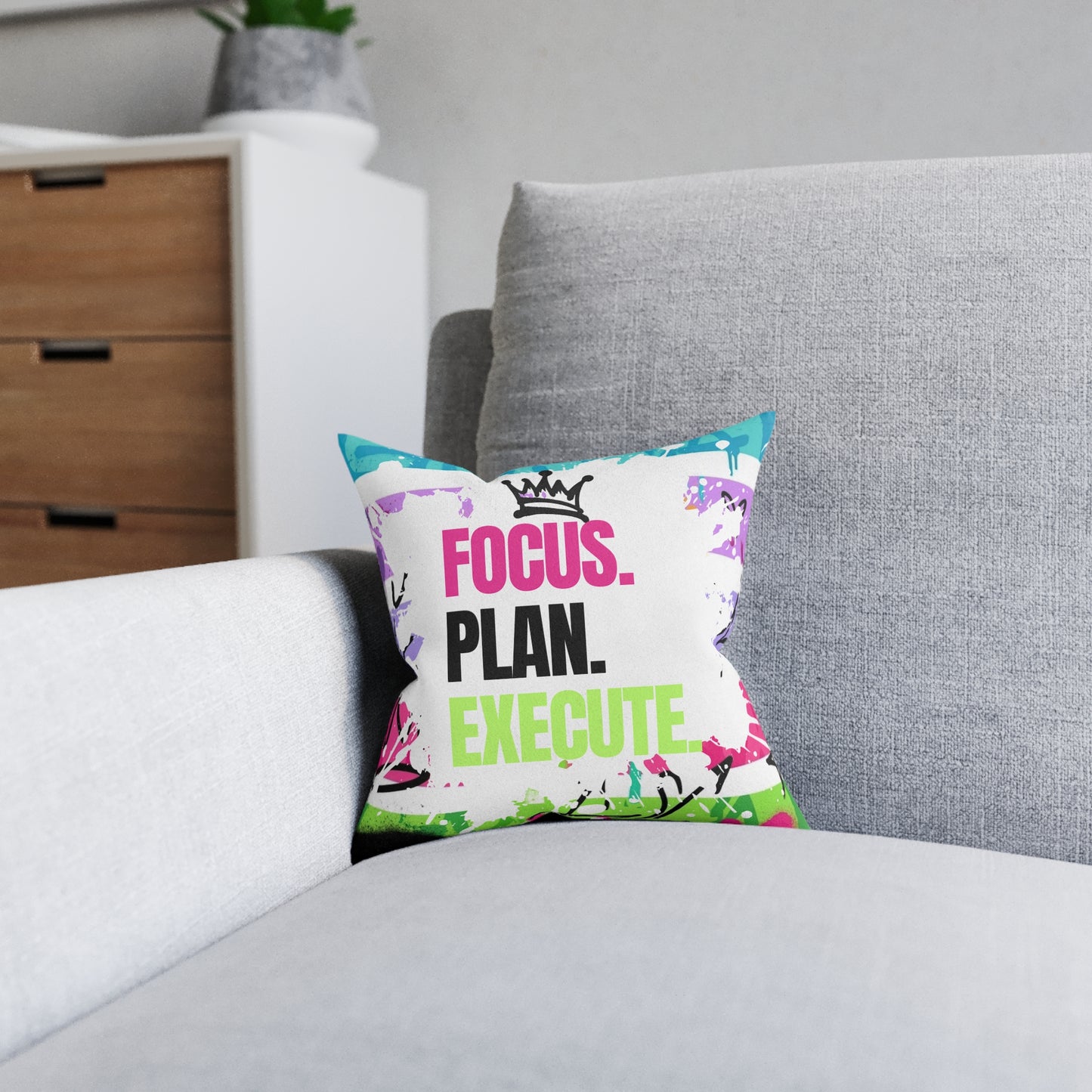 Focus. Plan. Execute. Square Pillow — Motivational Decorative Throw Pillow